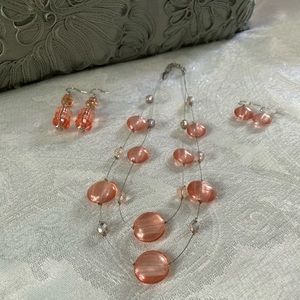 Peach double strand round bead necklace/earrings